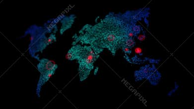3D rendering Covid 19 novel coronavirus text with the disintegration effect,on the world map virus Covid-19 animation on the dark
