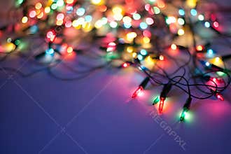 Christmas lights on dark blue background