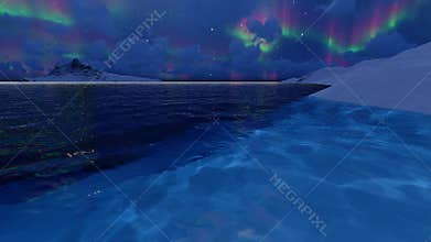 Sea northern lights on dark background. Arctic, alaska, canada, north pole. Nature background. Winter night landscape