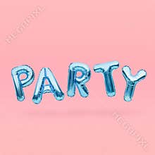 Blue word PARTY made of inflatable balloons floating on pink background. Blue foil balloon letters. Celebration concept