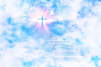 Stairs leading to the sky with cross and flying doves
