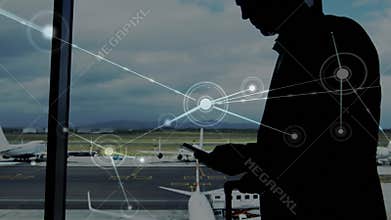 Animation of global network of connections with man in background