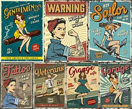 Pin up colorful posters set