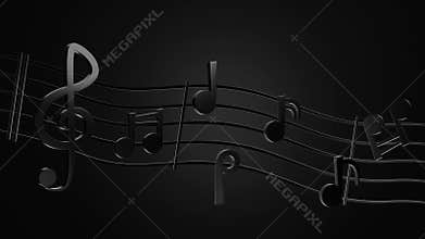 Black music notes and wave music lines in darkness background.