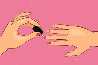 Nail art salon concept background with female manicured hands and fingers with nail polisher bottle cartoon vector