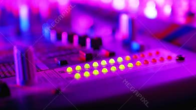 Led indicator level signal of volume on the sound mixing console or Dj console on the party in nightclub.