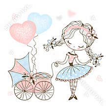 Cute little girl with a toy baby stroller with baby. Vector