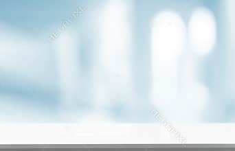 Wood table top on BLURRED OFFICE BACKGROUND