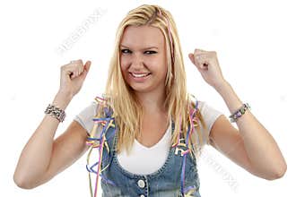 Young blonde woman with garlands cheer