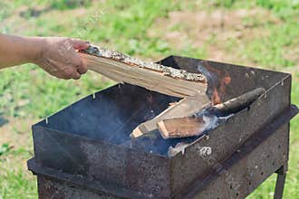 Female hand put birch firewood into bbq grill. Camping, cooking outdoors