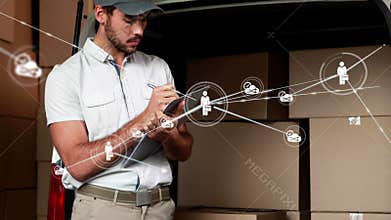 Animation of network connections with people and share icons and worker in background