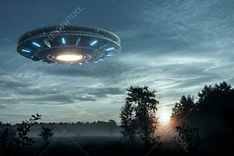 UFO, an alien plate hovering over the field, hovering motionless in the air. Unidentified flying object, alien invasion,