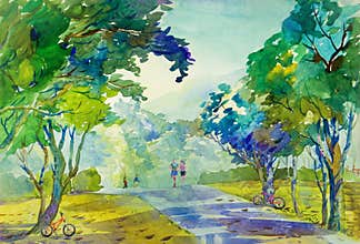 Watercolor landscape painting of morning workout jogging and bike