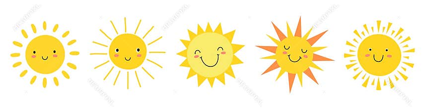 Cute suns. Sunshine emoji, cute smiling faces. Summer sunlight emoticons and morning sunny weather. Isolated funny