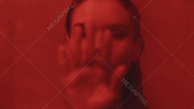 Sexy girl touching mirror at bath in slow motion. Woman posing for camera