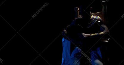 Muscular ancient egyptian leader is walking in and sitting down on a throne, 4k