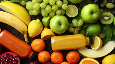 Healthy food concept. Various mixed fruits, vegetables and juices formed in rainbow