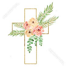Watercolor Easter Cross Clipart, Spring Floral Arrangements, Baptism Crosses DIY Invitation, Greenery Easter clipart, Golden frame