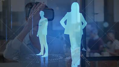 Woman with virtual reality headset with data