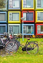 Modern colorful architecture with bikes in Almere city, Netherlands