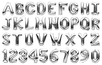 English alphabet and numbers made of silver inflatable helium balloons isolated on white. Silver foil balloon font, full alphabet