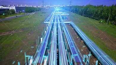 AERIAL Pipes with hot water. Heat carrier steel pipes from CHP, heat and power centers supply heat and water to the city