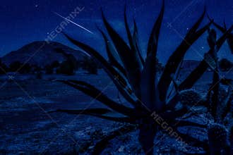 composition mexico teotihuacan pyramid and night shooting stars and moon