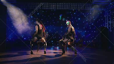 Sexy female burlesque dancers seducing client by erotic dance on cabaret stage