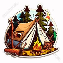 Camping in a tent in the countryside. A family holiday in a tent. Cartoon vector illustration. label, sticker, t-shirt printing