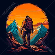A climber walking through nature. Alpine hiking. white background, label, sticker