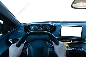 First-person view of driving with hands on the wheel, showcasing an isolated windshield and display