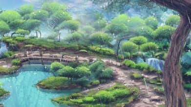 Animated video of swamps with big trees that are raining. anime style