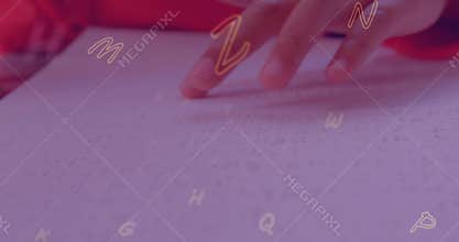Animation of numbers over caucasian schoolgirl reading braille