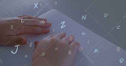 Animation of letters and numbers over caucasian girls reading braille