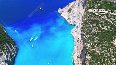 Navagio Beach, Zakynthos - Greece. Aerial drone view of famous Shipwreck Beach