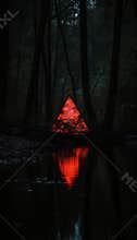 Mystical glowing neon creepy triangle or portal over water or lake in the forest, AI generated