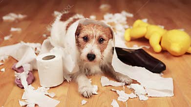 Funny dog after chewing a toilet paper and shoe, separation anxiety or puppy training