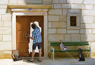 Artist standing in his own oil painting