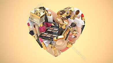 Make up and perfume, fashion cosmetics product in form of heart. 3d animation