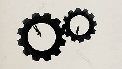 Stop motion. Animation. Pensive men, businessmen standing in gears and trying to solve challenge over light background