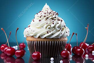 delicious cupcake with cream and cherry. Christmas cupcake. free space