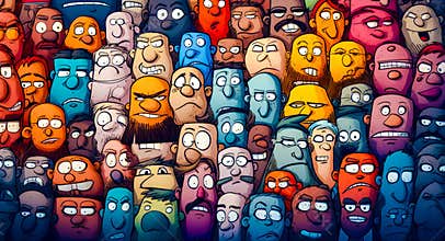 Large group of cartoon characters with different facial expressions and facial expressions on their faces. Generative AI