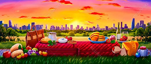 Painting of picnic with view of the eiffel tower. Generative AI