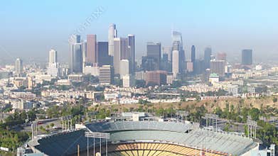 Dodgers stadium View of LA skyline skyscrapers buildings, Urban modern city USA