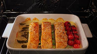 Process of cooking salmon fillet with tomato, asparagus and mozzarella cheese in the oven. Close up. Time lapse