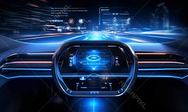 A concept for an autonomous futuristic dashboard with hologram screens on the car windscreen.