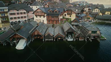 Drone Shot of The Local Port of Hallstatt Against the Background of Old Austrian Buildings.