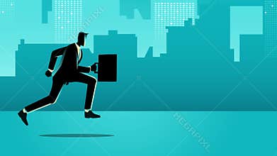 Corporate animations of a businessman sprinting with a briefcase, set against a cityscape backdrop