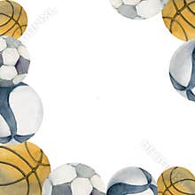 Hand drawn watercolor sports equipment, basketball volleyball soccer football, health fitness lifestyle. Illustration