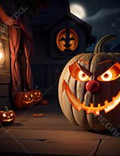 Scarry Halloween pumpkin monster on an old house porch